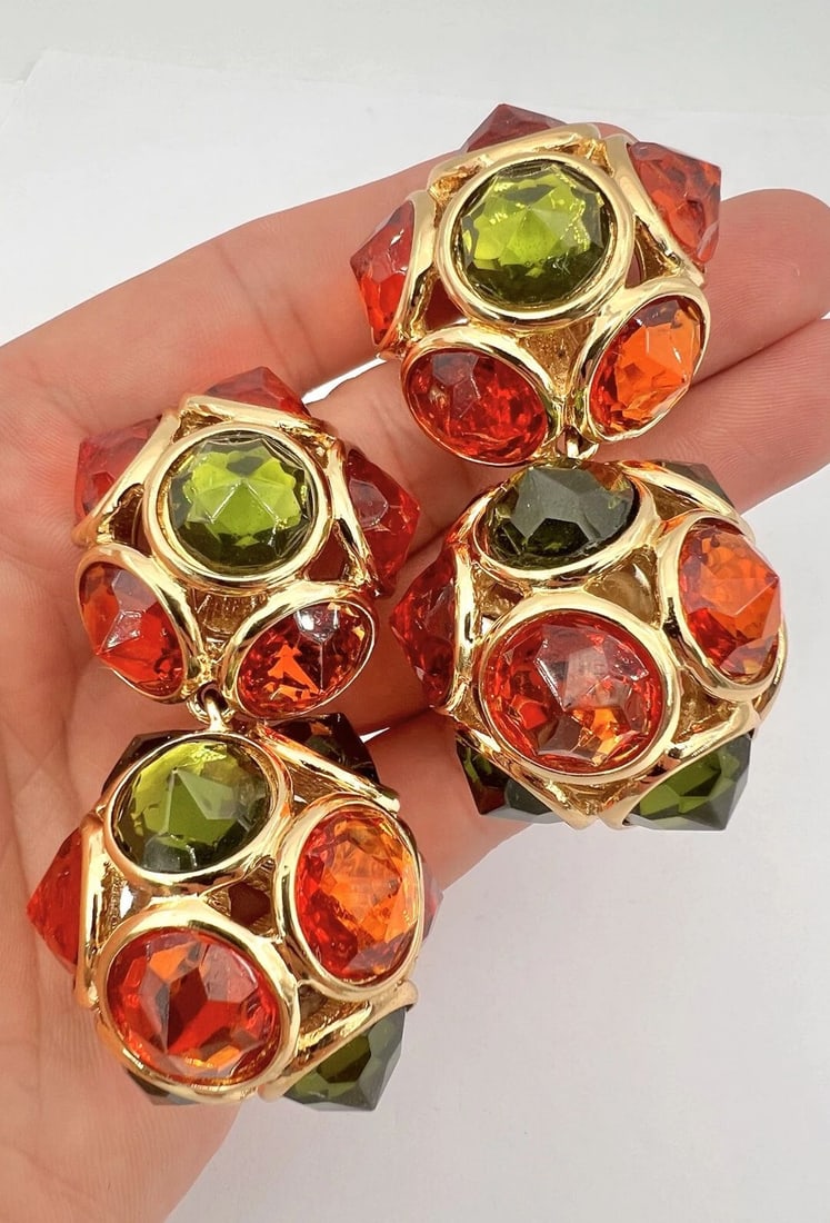 YVES SAINT LAURENT YSL ROBERT GOOSENS GREEN & ORANGE CRYSTAL DISCO BALL EARRING (1 of 2)