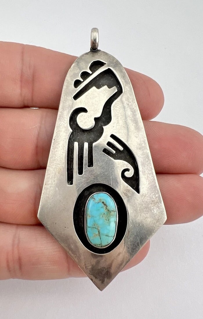 VINTAGE HOPI STERLING SILVER BLUE TURQUOISE TRIBAL DESIGN OVERLAY PENDANT 3": VINTAGE HOPI STERLING SILVER BLUE TURQUOISE TRIBAL DESIGN OVERLAY PENDANT 3" Vintage Hopi Sterling Silver Blue Turquoise Tribal Design Overlay Pendant 3" Size: Over 3" Tall With Bail & 1 1/2" Wide Wei