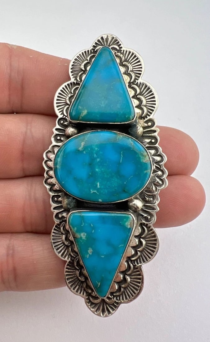 VINTAGE NAVAJO STERLING SILVER BLUE GEM TURQUOISE STAMPED PIN PENDANT 3 1/8": VINTAGE NAVAJO STERLING SILVER BLUE GEM TURQUOISE STAMPED PIN PENDANT 3 1/8" Vintage Navajo Sterling Silver Blue Gem Turquoise Stamped Pin Pendant 3 1/8" Size: 3 1/8" Tall by 1 3/8" Wide Weight is 36.