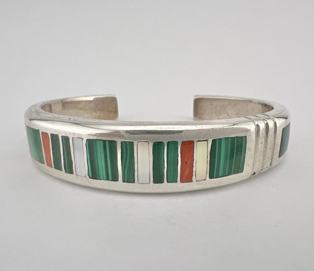 VTG NAVAJO STERLING SILVER CORAL MOTHER OF PEARL MALACHITE FLUSH CUFF BRACELET (1 of 2)