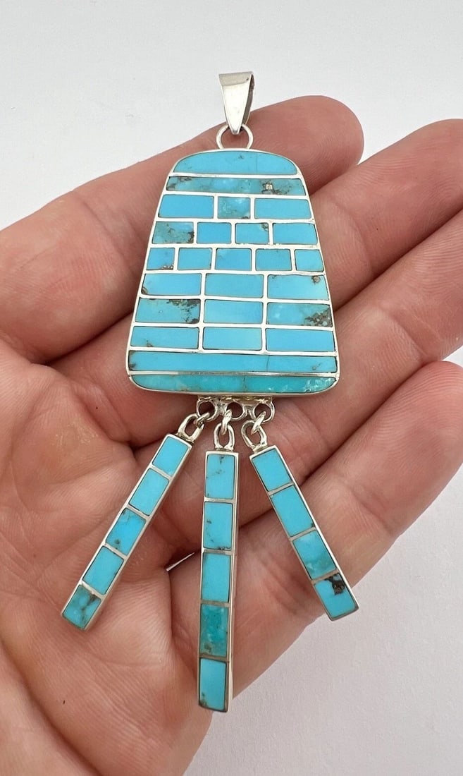 VTG NAVAJO STERLING SILVER TURQUOISE FLUSH INLAY CHANDELIER DANGLE PENDANT 3.75": VTG NAVAJO STERLING SILVER TURQUOISE FLUSH INLAY CHANDELIER DANGLE PENDANT 3.75" Vtg Navajo Sterling Silver Turquoise Flush Inlay Chandelier Dangle Pendant 3.75" Size: 3 3/4" Tall With bail by Around 