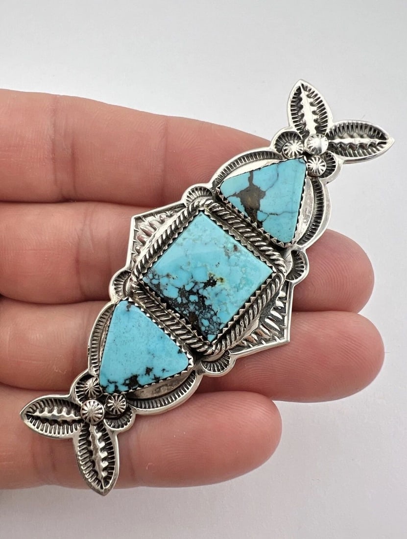 VTG ED KEE NAVAJO STERLING SILVER TURQUOISE STAMPED CONCHO BROOCH PIN 3" (1 of 2)