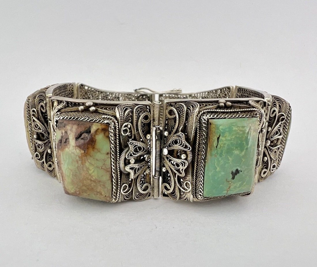 ANTIQUE CHINESE EXPORT SILVER TURQUOISE FLORAL PANEL FILIGREE LINK BRACELET 68G (1 of 1)