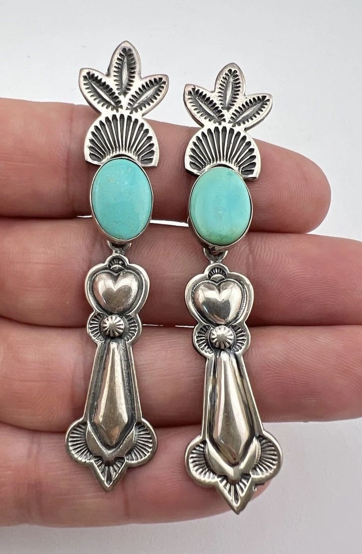 VTG NAVAJO STERLING SILVER FOX TURQUOISE DEEP STAMPED POST DANGLE EARRINGS 3" (1 of 2)