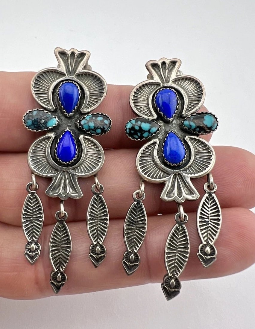 VTG NAVAJO STERLING SILVER TURQUOISE & LAPIS LAZULI STAMPED DANGLE POST EARRINGS: VTG NAVAJO STERLING SILVER TURQUOISE & LAPIS LAZULI STAMPED DANGLE POST EARRINGS Vtg Navajo Sterling Silver Turquoise & Lapis Lazuli Stamped Dangle Post Earrings Size: 2 1/4" Tall With Dangle & 7/8" W