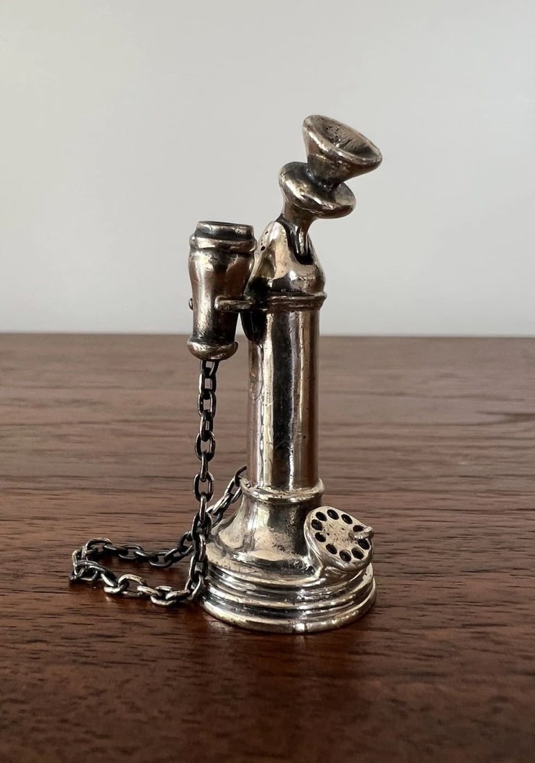 ANTIQUE STERLING SILVER MINIATURE DOLLHOUSE STANDING CANDLESTICK PHONE SCULPTURE (1 of 2)