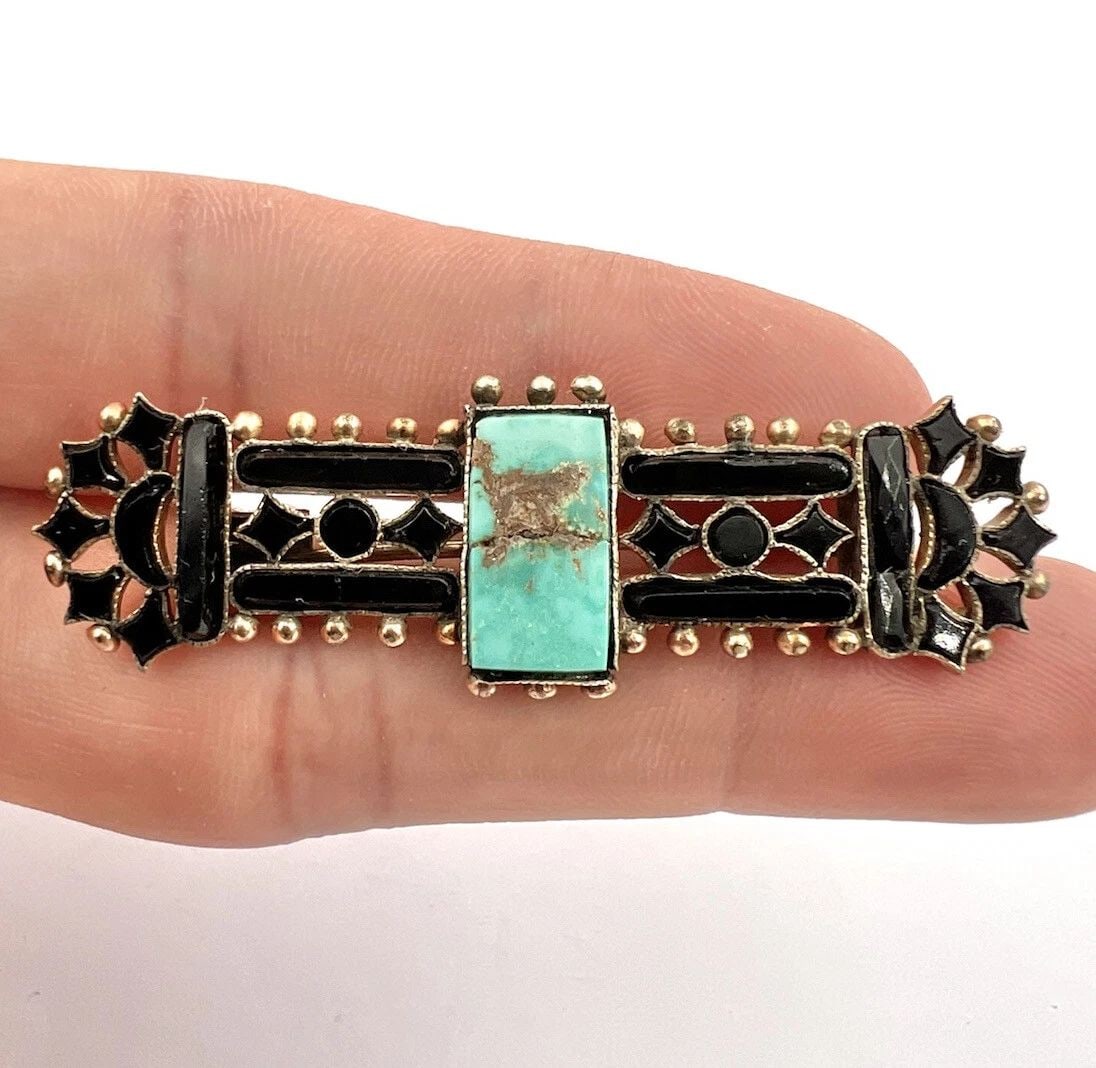 ANTIQUE VICTORIAN 8K GOLD TURQUOISE & BLACK ONYX MOURNING PIN BROOCH 2.25" (1 of 2)