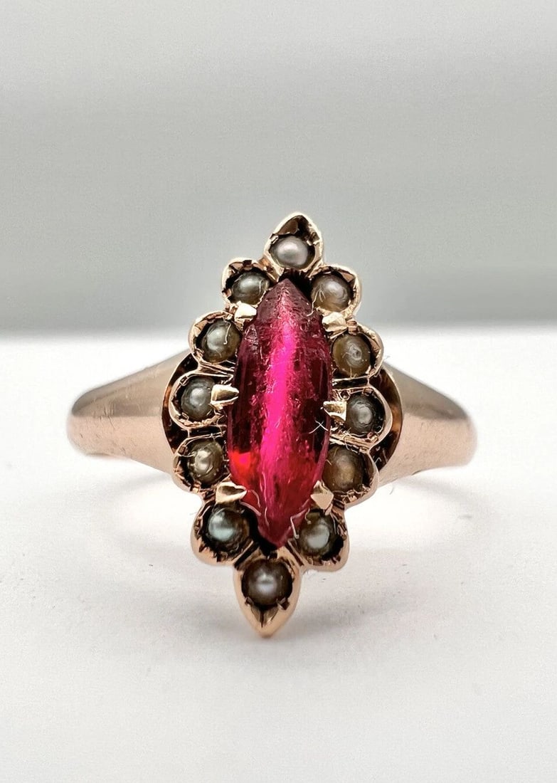 ANTIQUE VICTORIAN 14K ROSE GOLD RED SYNTHETIC RUBY & SEED PEARL RING (1 of 2)