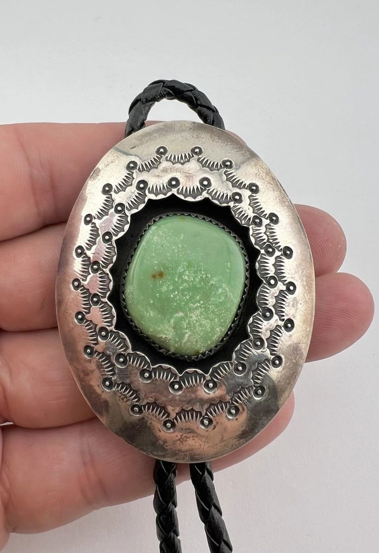 VTG NAVAJO STERLING SILVER BLUE GEM TURQUOISE STAMPED SHADOWBOX BOLO TIE 2 3/8" (1 of 2)