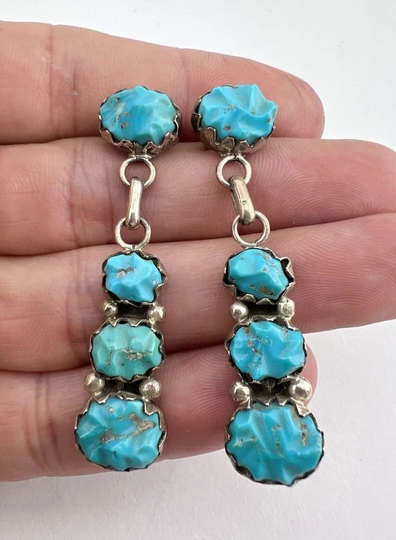 RODNEY DIANE LONJOSE ZUNI STERLING SILVER CARVED TURQUOISE POST EARRINGS 2 1/8": RODNEY DIANE LONJOSE ZUNI STERLING SILVER CARVED TURQUOISE POST EARRINGS 2 1/8" Vintage Rodney & Diane Lonjose Zuni Sterling Silver Carved Turquoise Post Earrings 2 1/8" Size: 2 1/8" Tall With Dangle 