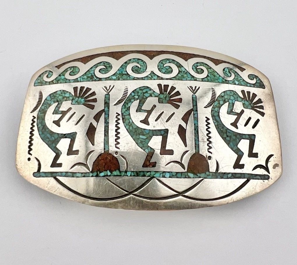 VTG NAVAJO STERLING SILVER TURQUOISE CORAL CHIP INLAY KOKOPELLI BELT BUCKLE 3.5" (1 of 2)