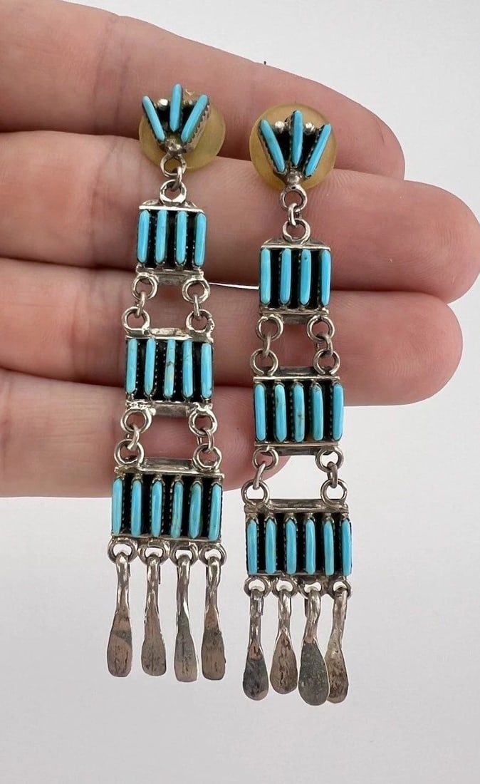 VTG ZUNI STERLING SILVER NEEDLEPOINT TURQUOISE 4 TIER POST DANGLE EARRINGS 3.25" (1 of 2)