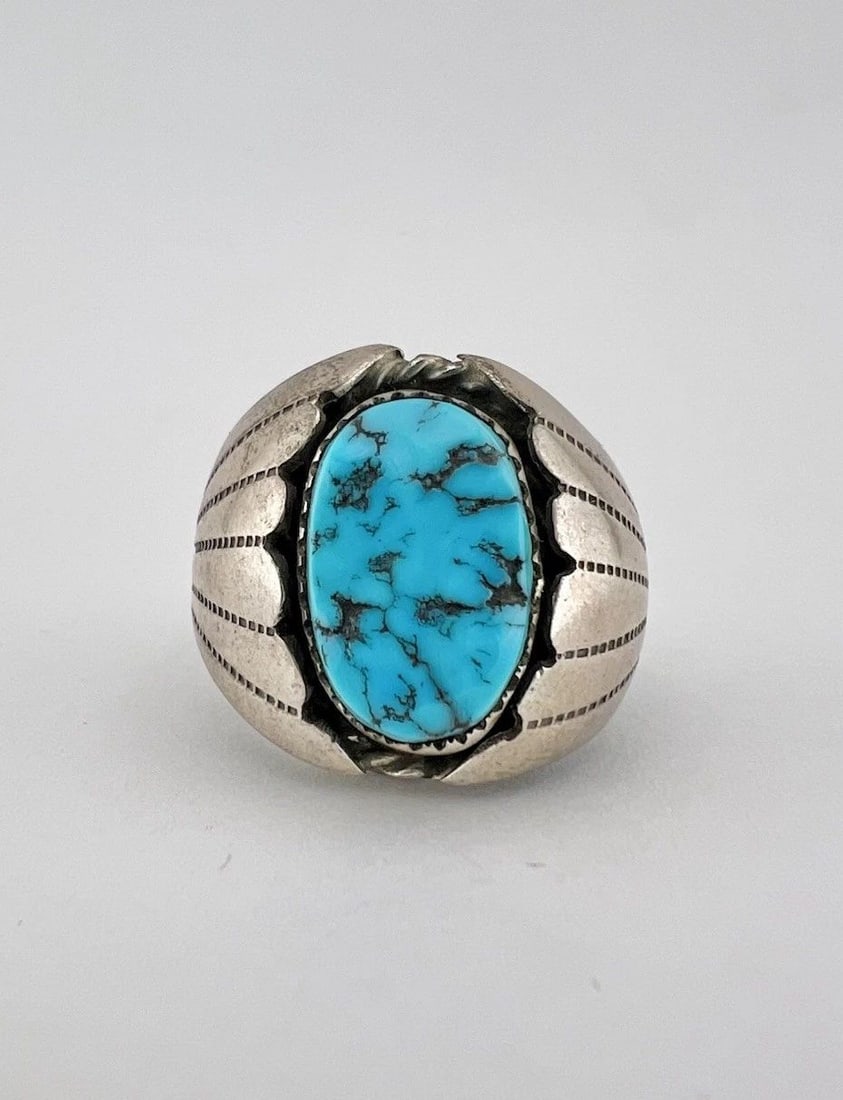 VTG NAVAJO STERLING SILVER SLEEPING BEAUTY TURQUOISE STAMPED DOME MEN'S RING 24G: VTG NAVAJO STERLING SILVER SLEEPING BEAUTY TURQUOISE STAMPED DOME MEN'S RING 24G Vtg Navajo Sterling Silver Sleeping Beauty Turquoise Stamped Dome Men's Ring 24g Ring Size: 10.25- Can Be Resized Weigh
