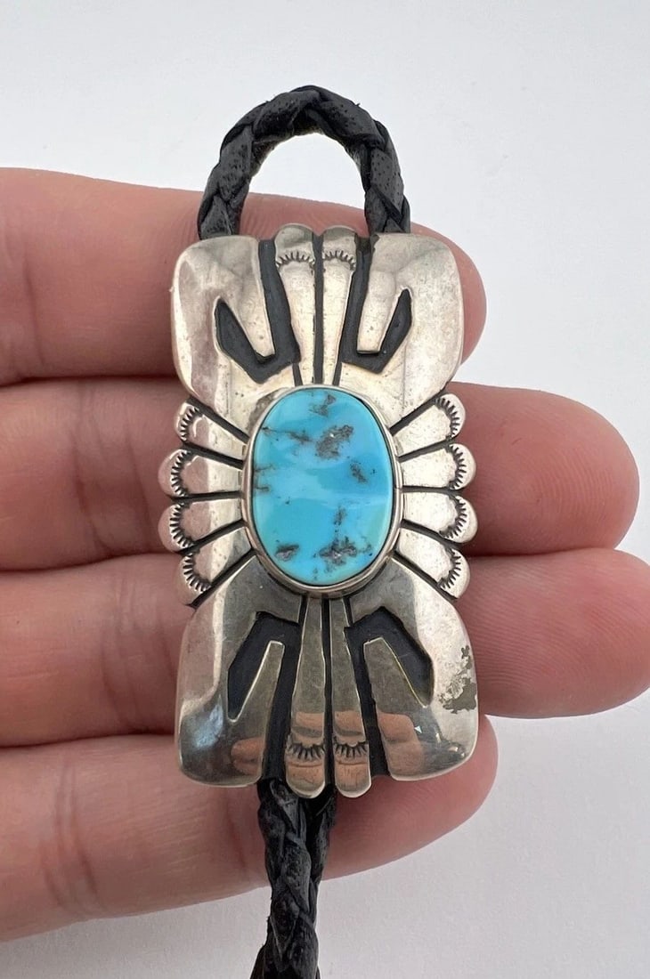 VTG TOMMY THOMAS SINGER NAVAJO STERLING SILVER TURQUOISE OVERLAY BOLO TIE 2" (1 of 2)