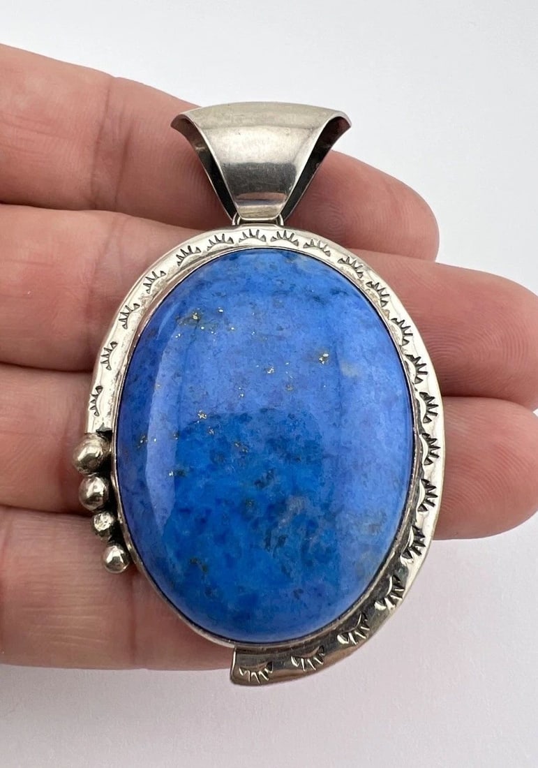 VTG DELBERT SECATERO NAVAJO STERLING SILVER DENIM BLUE LAPIS OVAL PENDANT 2 5/8": VTG DELBERT SECATERO NAVAJO STERLING SILVER DENIM BLUE LAPIS OVAL PENDANT 2 5/8" Vtg Delbert Secatero Navajo Sterling Silver Denim Blue Lapis Oval Pendant 2 5/8" Size: 2 5/8" Tall With Bail & 1 1/2" W