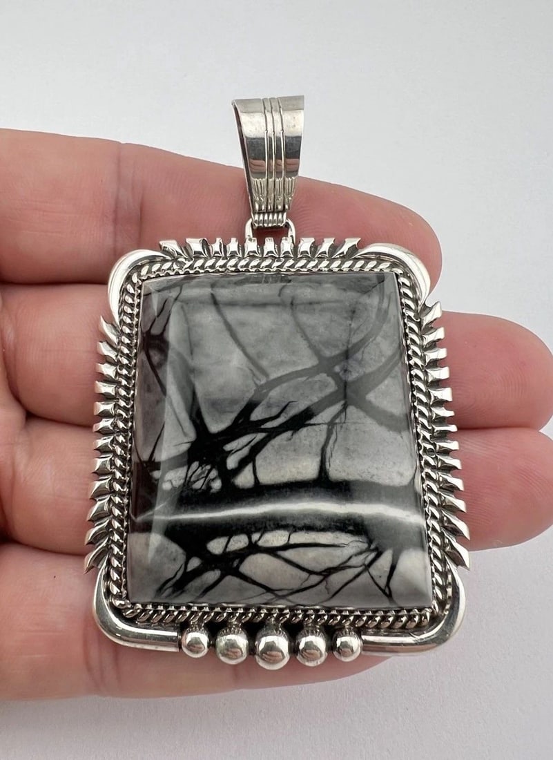 VTG AJ NAVAJO STERLING SILVER PICASSO JASPER STAMPED SQUARE PENDANT 2 7/8"-49.2G (1 of 2)