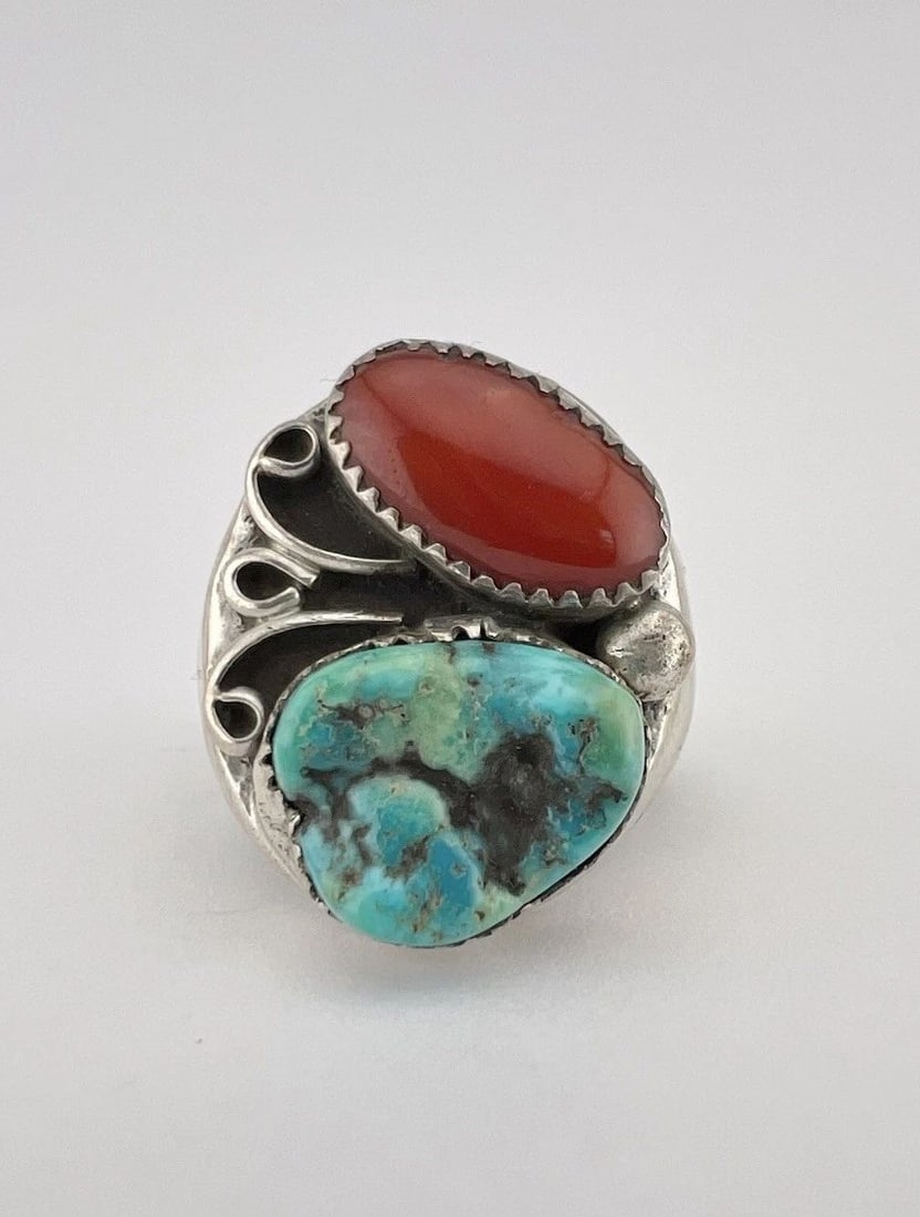 HUGE VTG NAVAJO STERLING SILVER TURQUOISE & CORAL STAMPED INGOT MEN'S RING 26.6G: HUGE VTG NAVAJO STERLING SILVER TURQUOISE & CORAL STAMPED INGOT MEN'S RING 26.6G HUGE Vtg Navajo Sterling Silver Turquoise & Coral Stamped Ingot Men's Ring 26.6g Ring Size: 12 - Can Be Re Sized Weight