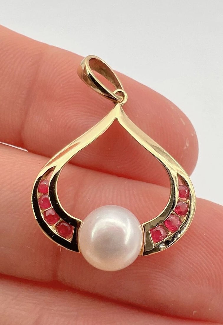 ANTIQUE ART NOUVEAU 14K YELLOW NATURAL RUBY & 7MM PEARL LAVALIERE PENDANT (1 of 2)