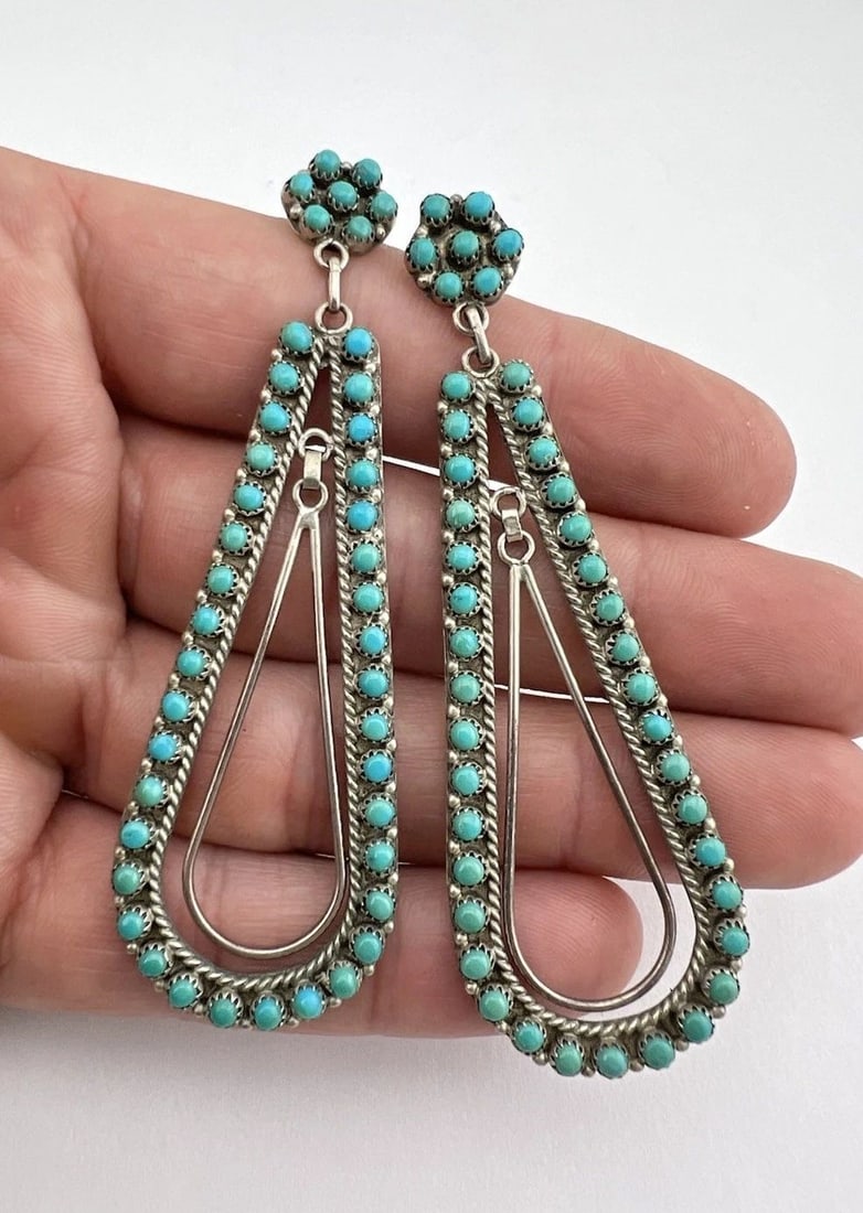 3 1/8" VTG E.L LONASEE ZUNI STERLING SILVER PETIT POINT TURQUOISE POST EARRINGS (1 of 2)