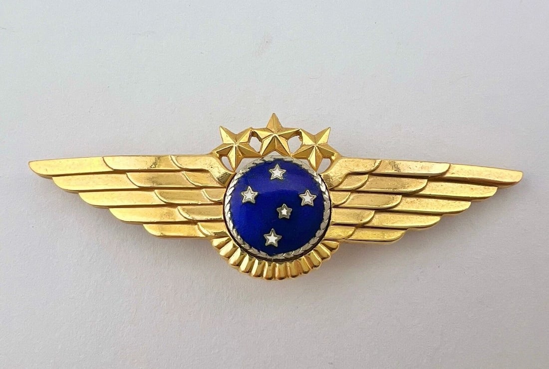 RARE BRAZIL CRUZEIRO DO SUL ENAMEL PILOT CAPTAIN GOLD TONE WINGS 2 7/8" (1 of 2)