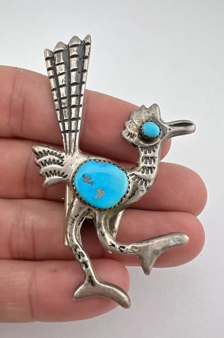 VTG NAVAJO CAST STERLING SILVER SLEEPING BEAUTY TURQUOISE ROADRUNNER BOLO TIE 3" (1 of 2)