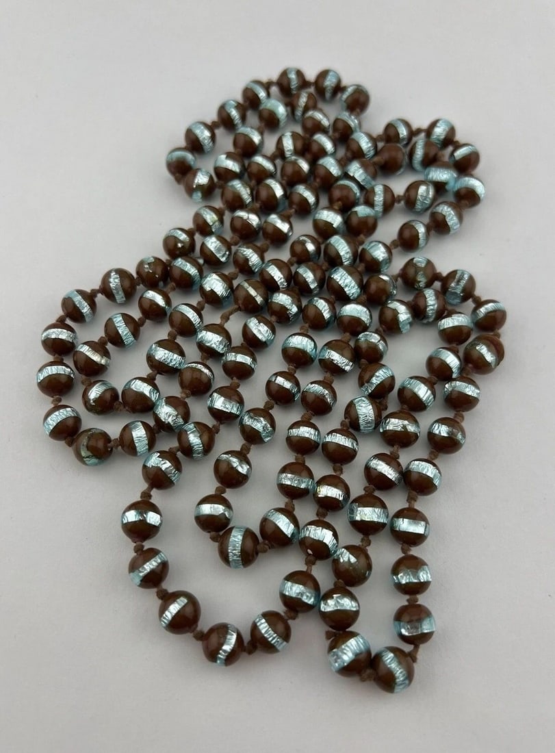 VINTAGE VENETIAN MURANO GLASS FOILED BLUE & BROWN KNOTTED NECKLACE 58": VINTAGE VENETIAN MURANO GLASS FOILED BLUE & BROWN KNOTTED NECKLACE 58" Vintage Venetian Murano Glass Foiled Blue & Brown Knotted Necklace 58" Size: 58" Long By Just Under 9mm Each Bead Amazing Foiled 