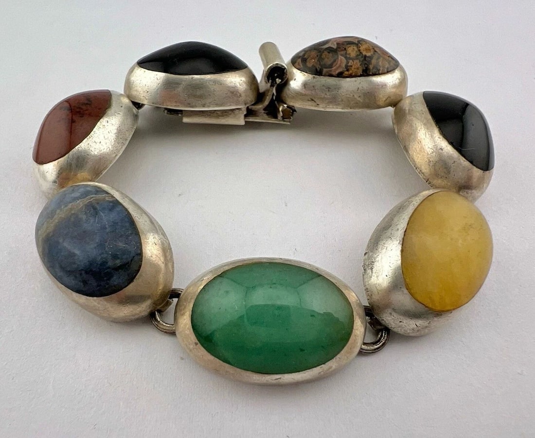 VTG TAXCO STERLING SILVER NATURAL MULTI COLOR GEMSTONE LINK BRACELET 56G - 7.5" (1 of 2)