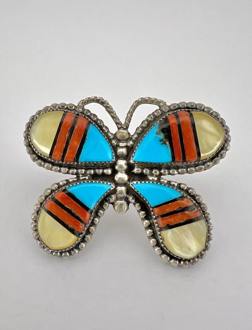 HUGE VINTAGE ZUNI STERLING SILVER TURQUOISE & ONYX & CORAL & MOP BUTTERFLY RING (1 of 2)