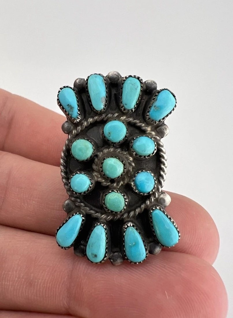 HUGE OLD PAWN ZUNI SILVER PETIT POINT TURQUOISE CLUSTER WOMEN'S 1.5" LONG RING (1 of 2)