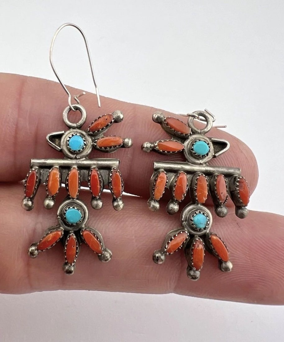 EARLY ZUNI STERLING SILVER NEEDLEPOINT TURQUOISE & CORAL THUNDERBIRD EARRINGS (1 of 2)