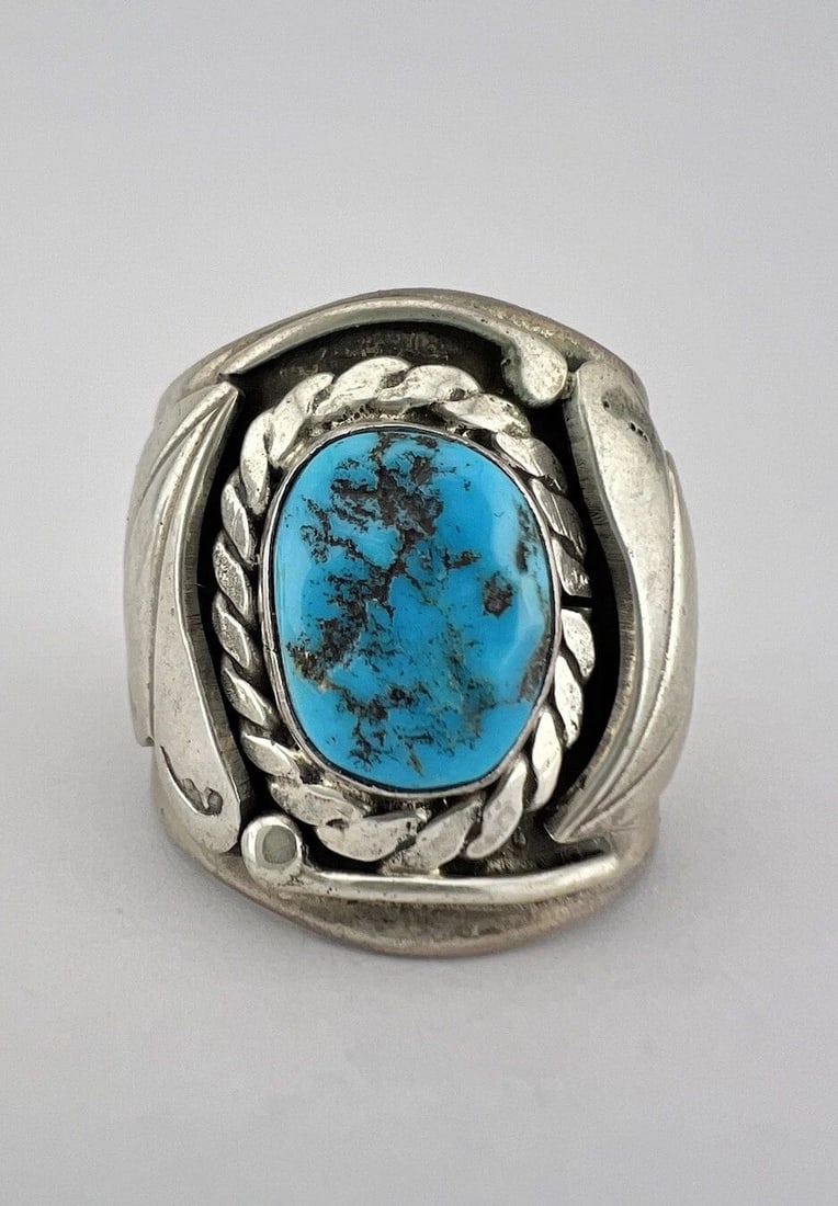 VTG NAVAJO STERLING SILVER SLEEPING BEAUTY TURQUOISE STAMPED WIDE RING 22.2G (1 of 2)