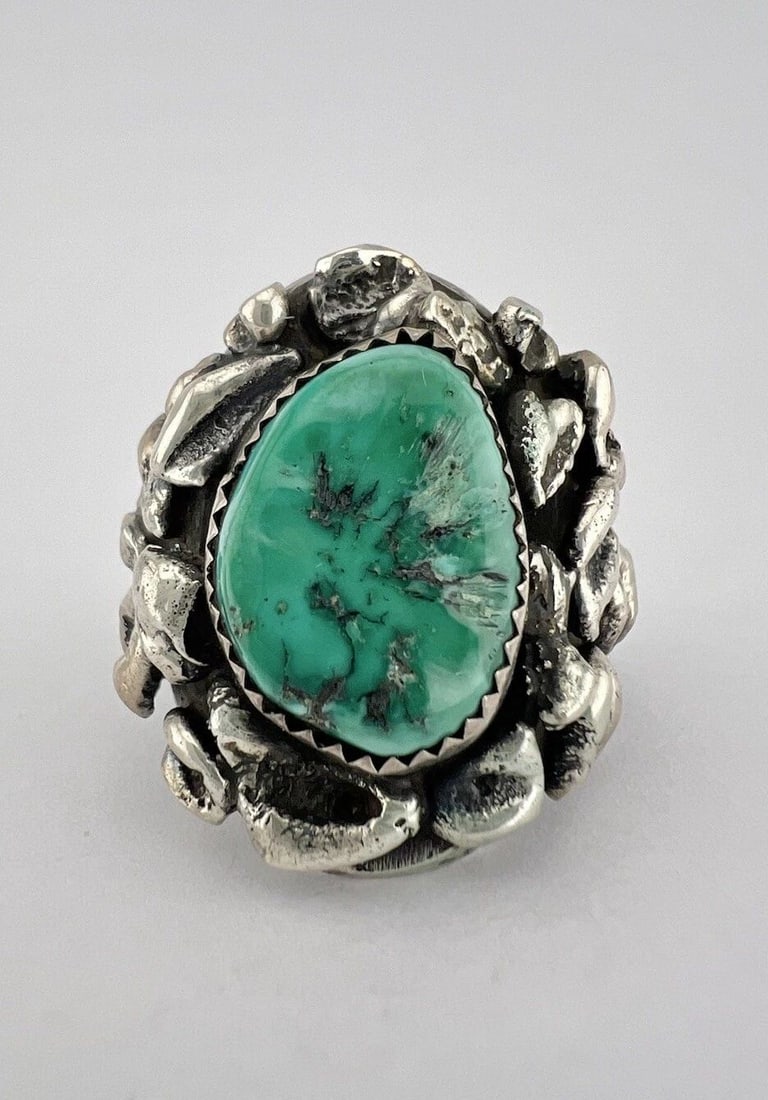 VTG NAVAJO STERLING SILVER GREEN FOX TURQUOISE STAMPED NUGGET INGOT RING 25.1G: VTG NAVAJO STERLING SILVER GREEN FOX TURQUOISE STAMPED NUGGET INGOT RING 25.1G Vtg Navajo Sterling Silver Green Fox Turquoise Stamped Nugget Ingot Ring 25.1g Size: 10.25 - Can Be Re Sized Weight is 21