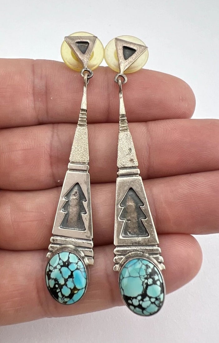 PRARIE FIRE NAVAJO STERLING SILVER TURQUOISE GEOMETRIC DANGLE EARRINGS 2 7/8" (1 of 2)
