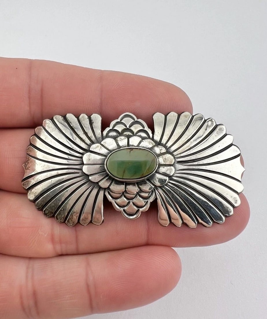 HARRY MORGAN NAVAJO DEEP STAMPED STERLING SILVER ROYSTON TURQUOISE PIN BROOCH: HARRY MORGAN NAVAJO DEEP STAMPED STERLING SILVER ROYSTON TURQUOISE PIN BROOCH Vtg Harry Morgan Navajo Deep Stamped Sterling Silver Royston Turquoise Pin Brooch Size: 2 3/8" Wide by Almost 1 1/4" Tall 