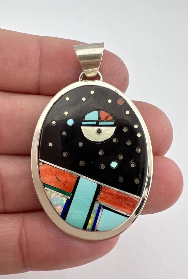 VTG NAVAJO STERLING SILVER MULTI GEMSTONE SUNFACE & GALAXY FLUSH PENDANT 2" (1 of 2)