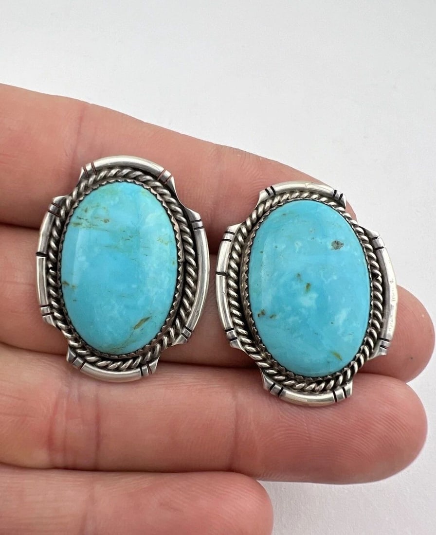VINTAGE NAVAJO STERLING SILVER FOX TURQUOISE STAMPED OVAL POST EARRINGS 1.25" (1 of 2)