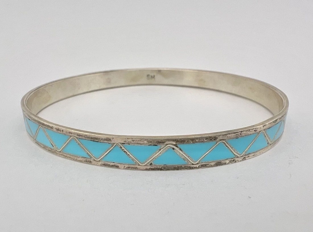 VTG NAVAJO STERLING SILVER TURQUOISE FLUSH INLAY ROW ETERNITY BANGLE BRACELET (1 of 2)