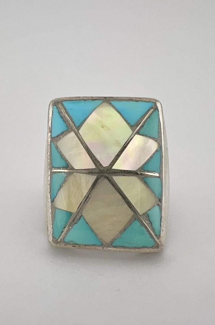 VTG ZUNI STERLING SILVER TURQUOISE & MOTHER OF PEARL FLUSH INGOT MENS RING 21.3G: VTG ZUNI STERLING SILVER TURQUOISE & MOTHER OF PEARL FLUSH INGOT MENS RING 21.3G Vtg Zuni Sterling Silver Turquoise & Mother Of Pearl Flush Ingot Mens Ring 21.3g Size: 10.75 - Can Be re Sized Weight i