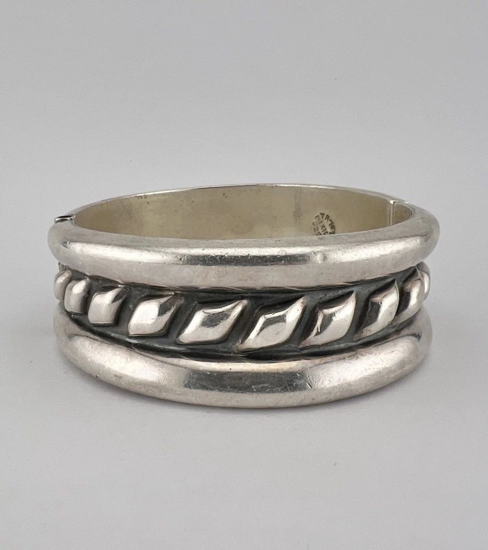 VINTAGE TAXCO MEXICO STERLING SILVER TWIST ROPE CLAMPER BANGLE BRACELET 59G (1 of 1)
