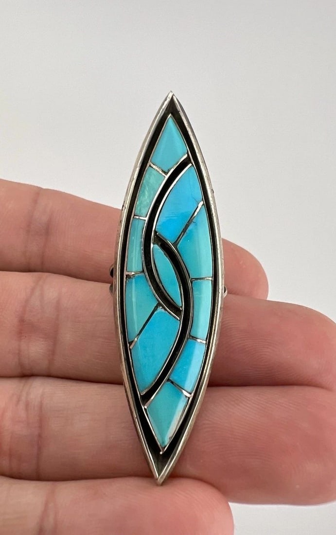HUGE VINTAGE ZUNI STERLING SILVER FLUSH INLAY TURQUOISE WOMEN'S RING 2.25" (1 of 2)