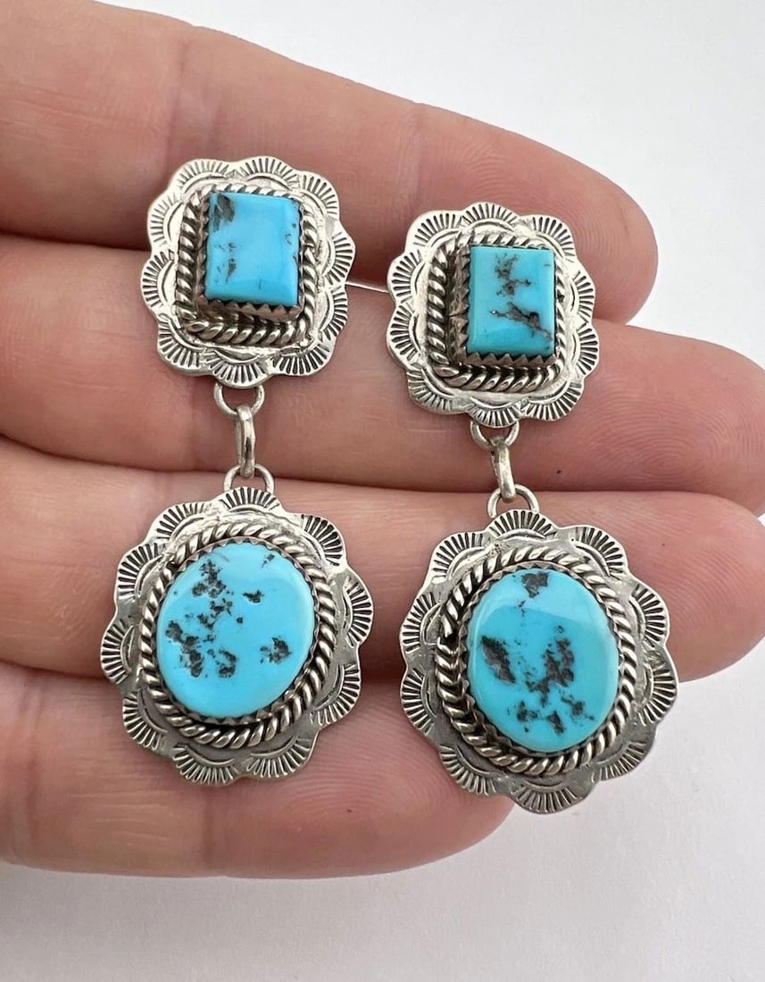 VTG NAVAJO STERLING SILVER SLEEPING BEAUTY TURQUOISE STAMPED POST EARRINGS 2" (1 of 2)