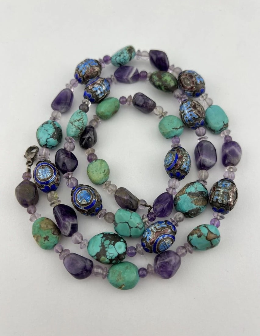 ANTIQUE OLD CHINESE SILVER ENAMEL CARVED TURQUOISE & AMETHYST NECKLACE 33" (1 of 2)