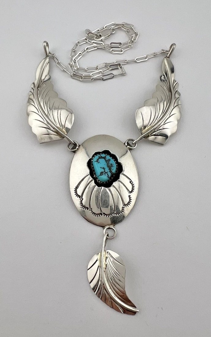 VTG NAVAJO STERLING SILVER TURQUOISE FEATHER COLLAR DANGLE SHADOWBOX NECKLACE (1 of 2)