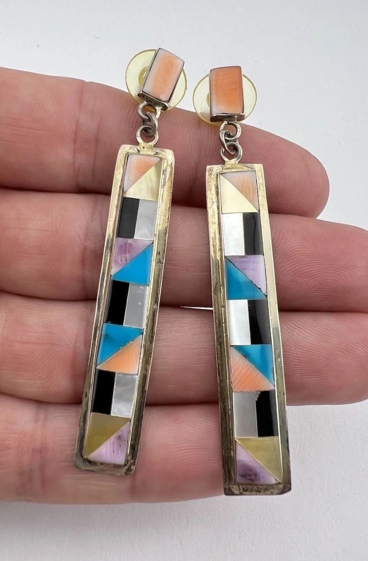 HUGE VTG NAVAJO STERLING SILVER MULTI GEMSTONE FLUSH INLAY POST EARRINGS 2.75" (1 of 2)