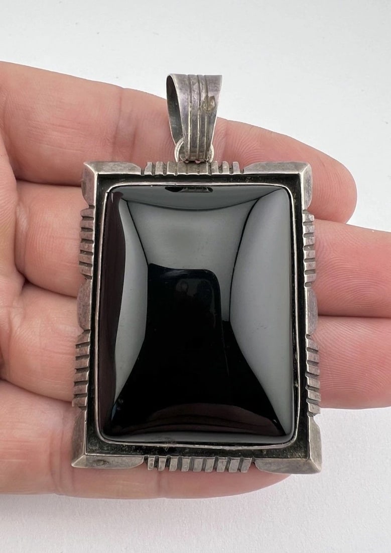 WILL DENETDALE NAVAJO STERLING SILVER ONYX DOUBLE STACK RECTANGLE PENDANT 2.75": WILL DENETDALE NAVAJO STERLING SILVER ONYX DOUBLE STACK RECTANGLE PENDANT 2.75" Vintage Will Denetdale Navajo Sterling Silver Onyx Double Stack Rectangle Pendant 2.75" Size: 2 3/4" Tall With Bail & 1 