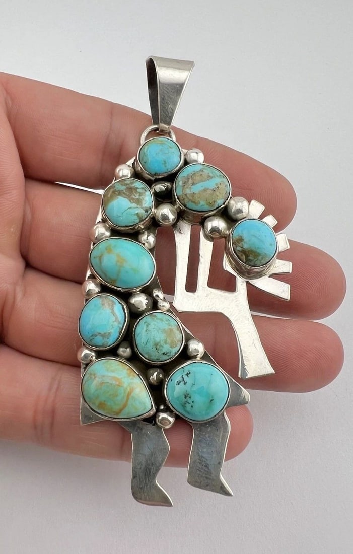 VTG BEA TOM NAVAJO STERLING SILVER TURQUOISE CLUSTER KOKOPELLI PENDANT 3 5/8" (1 of 2)