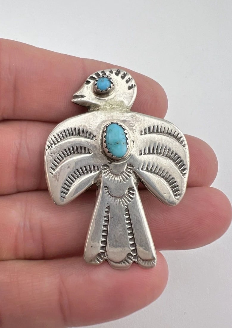 VTG FRED HARVEY NAVAJO STERLING SILVER TURQUOISE STAMPED THUNDERBIRD PIN BROOCH (1 of 2)