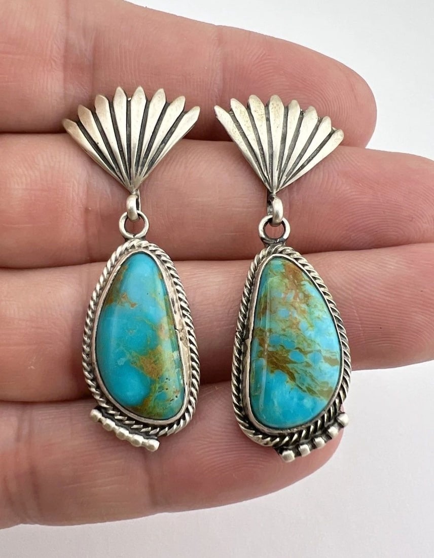 VINTAGE NAVAJO STERLING SILVER ROYSTON TURQUOISE STAMPED POST DANGLE EARRINGS (1 of 2)