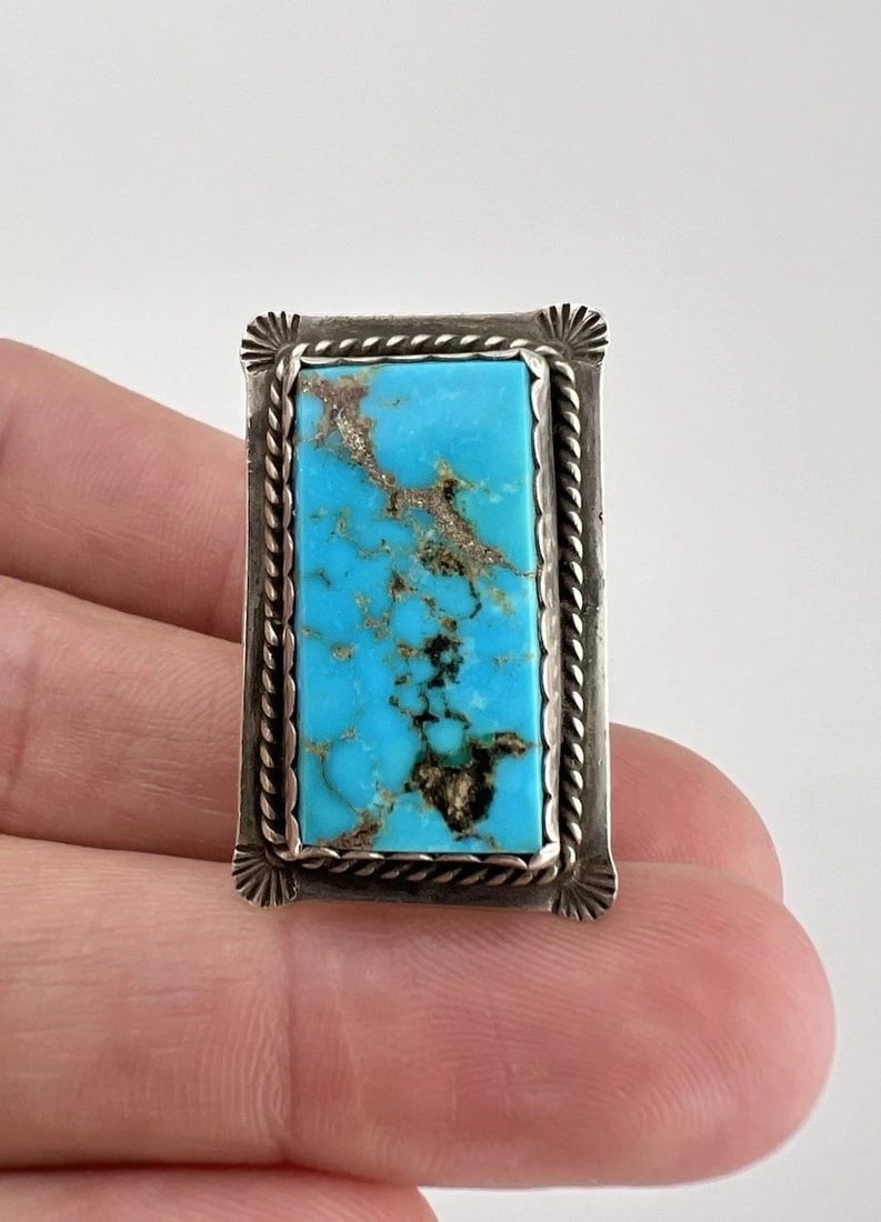 VTG NAVAJO STERLING SILVER BLUE GEM TURQUOISE STAMPED RECTANGLE WIDE WOMENS RING (1 of 2)