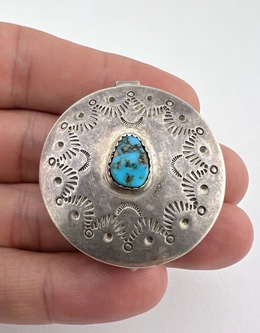VTG FRED HARVEY ERA NAVAJO BLUE TURQUOISE STERLING SILVER STAMPED ROUND PILL BOX (1 of 2)